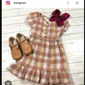 Nicole Miller Girls Plaid Dress in Cream, Pink, Tan and Red